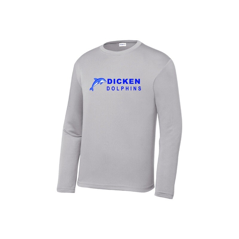 Youth Unisex Performance Long Sleeve Tee (Dicken Dolphins logo)- Silver, White