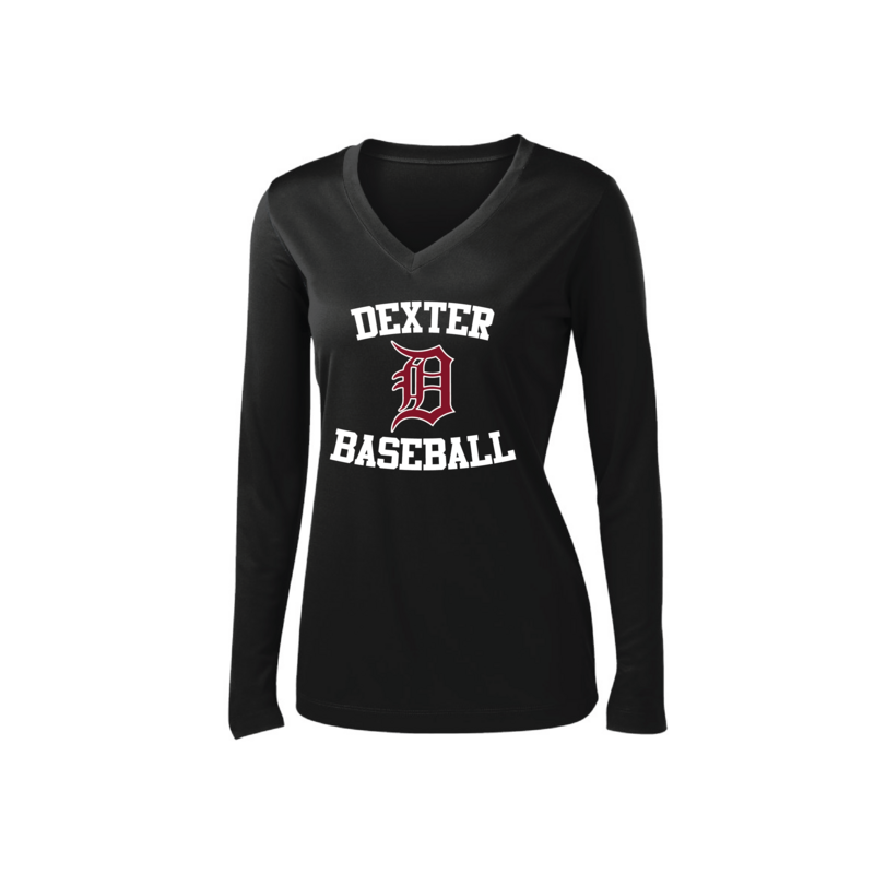 Ladies Long Sleeve Performance V-Neck Tee-Black/White