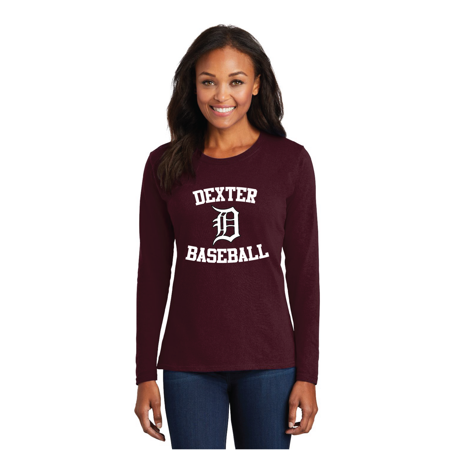 Ladies Long Sleeve Cotton Tee-Maroon/Black/White