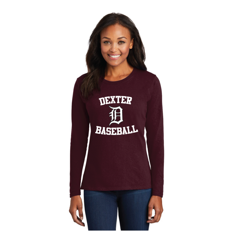 Ladies Long Sleeve Cotton Tee-Maroon/Black/White