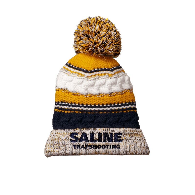 Sport Tek Pom Beanie Navy, Gold & White