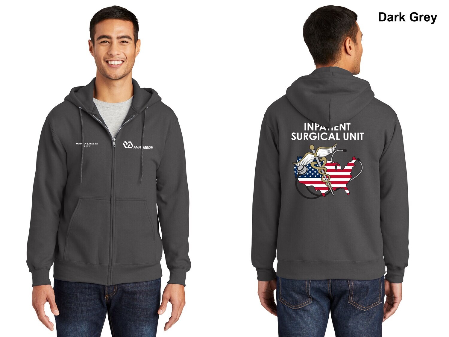 Unisex Fleece Full-Zip Hooded Sweatshirt (Flag logo)- Dk Grey/Lt Grey/Black/Navy/Royal