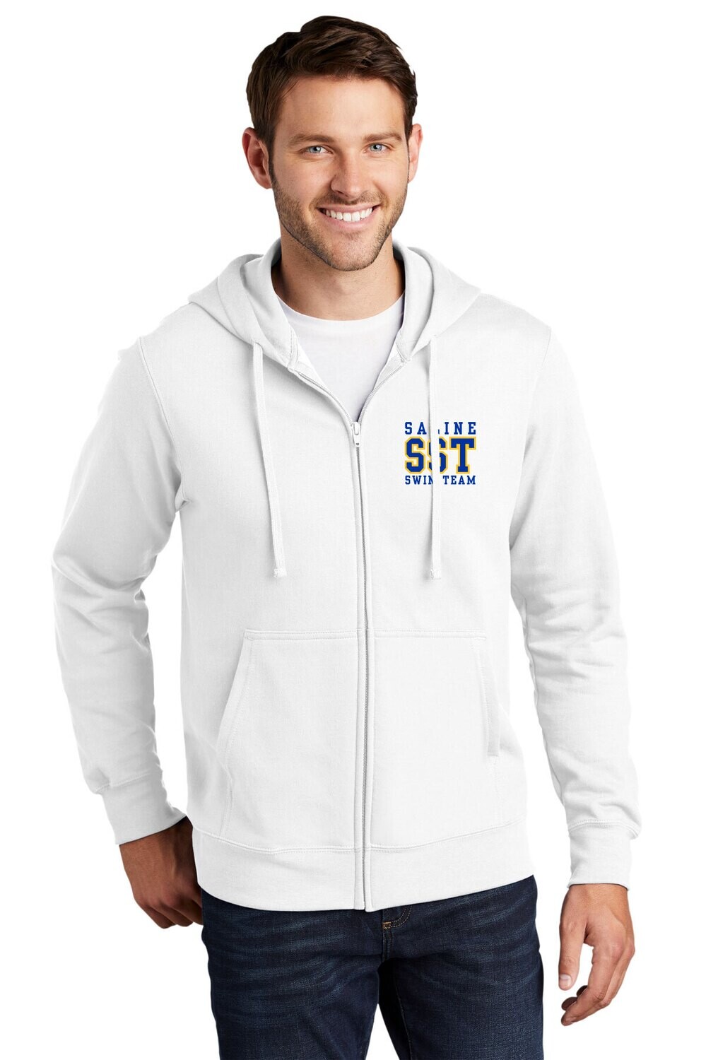 Unisex Fan Favorite Fleece Full-Zip Hooded Sweatshirt-White/Black/Dk Heather Grey (Embroidered)