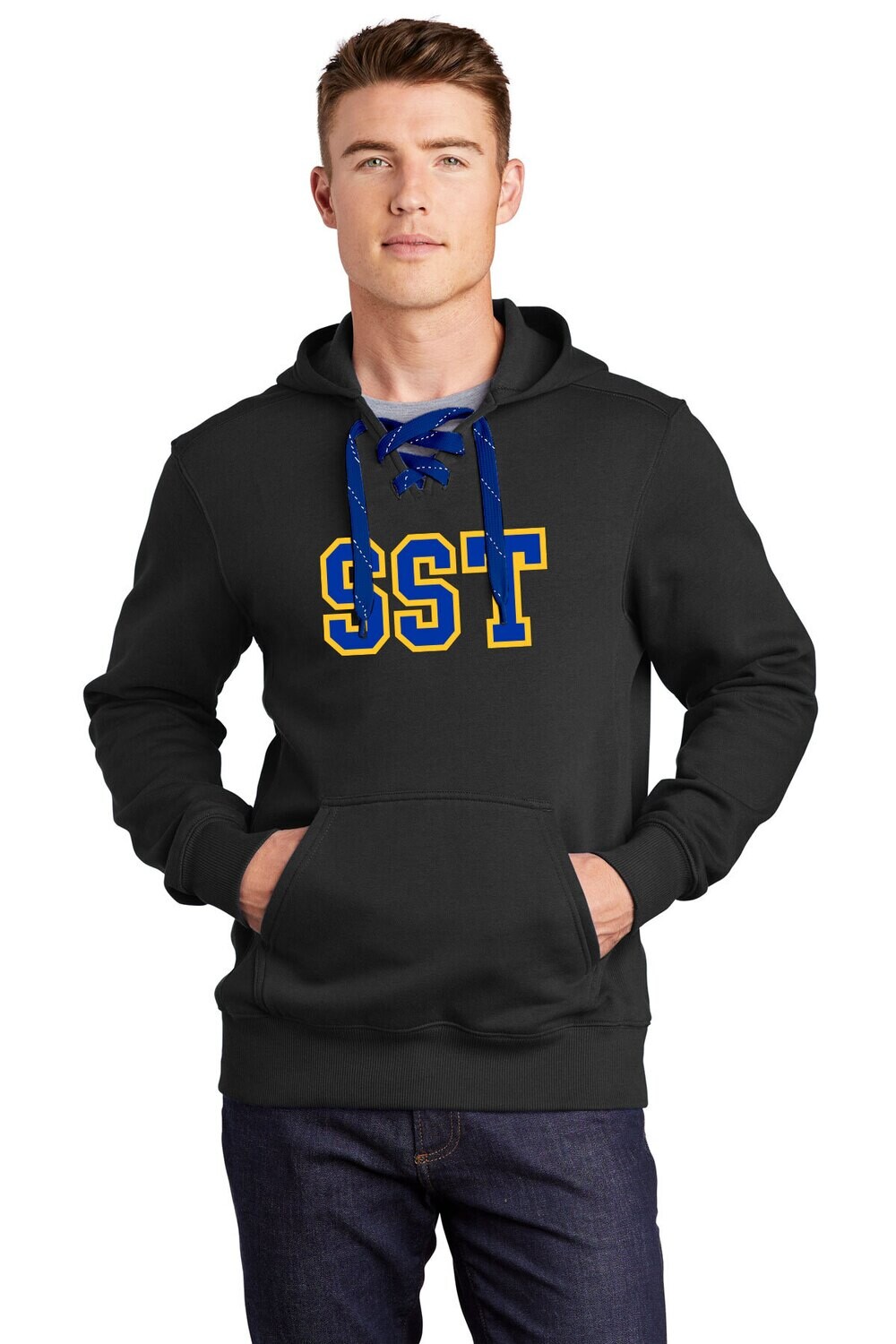 Unisex Lace Up Pullover Hooded Sweatshirt-Black/Dk Grey