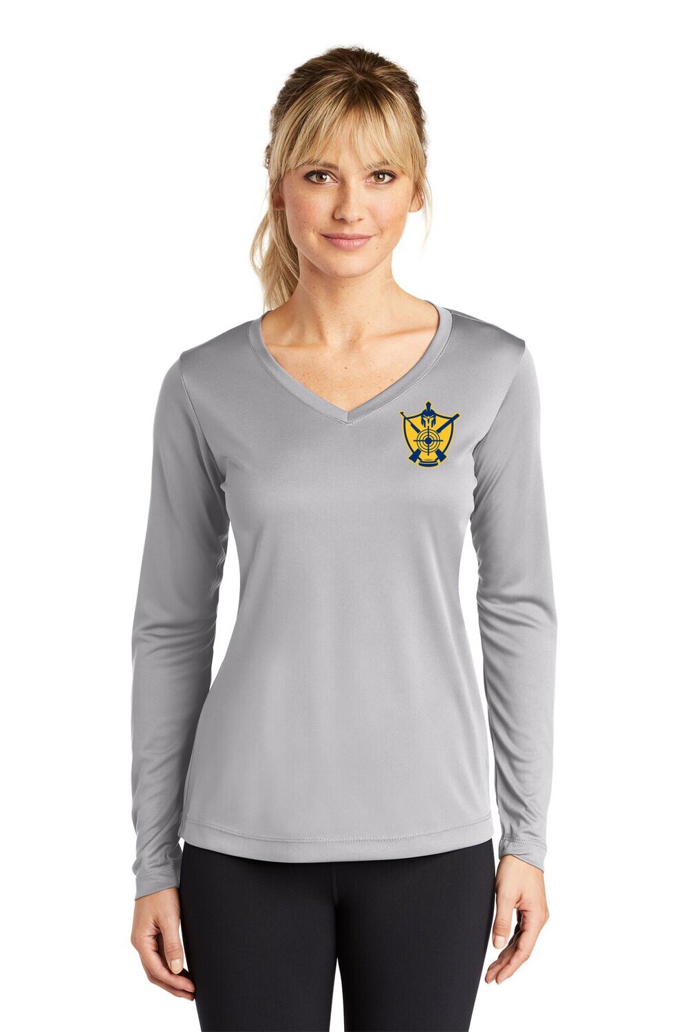 Women's Long Sleeve V-Neck Performance Tee-Grey/Navy