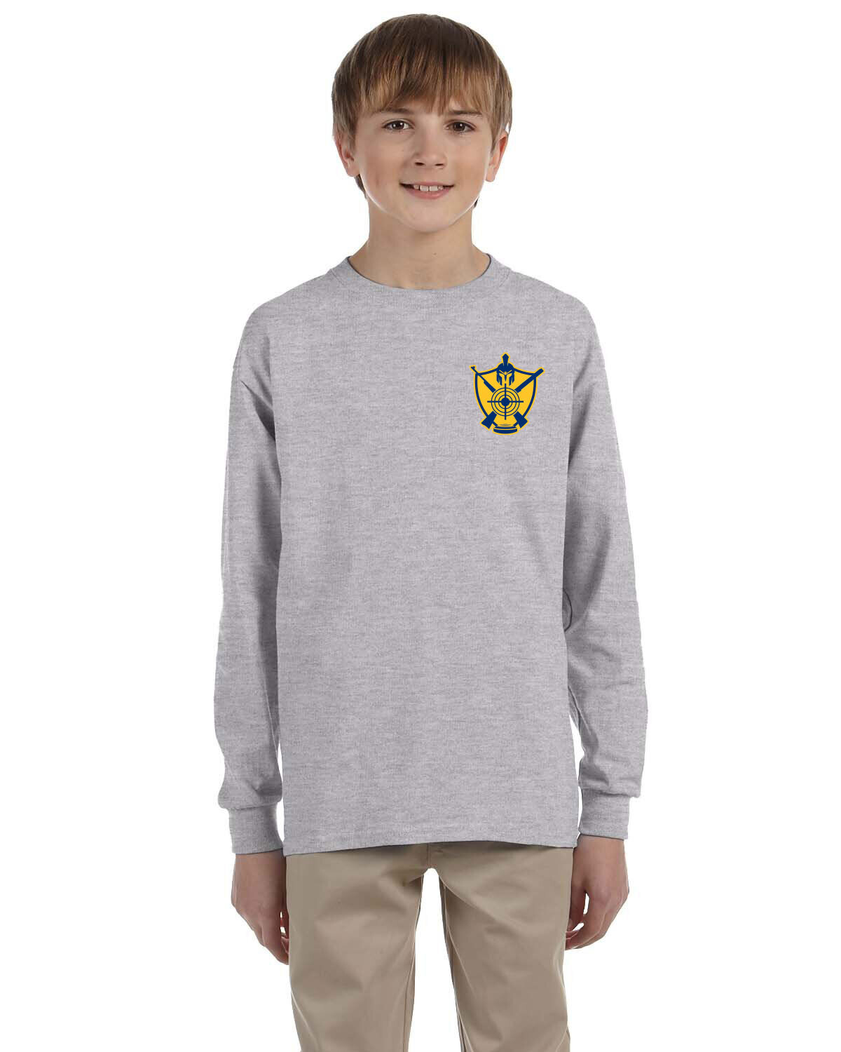 Youth Long Sleeve Cotton Tee-Grey/Navy