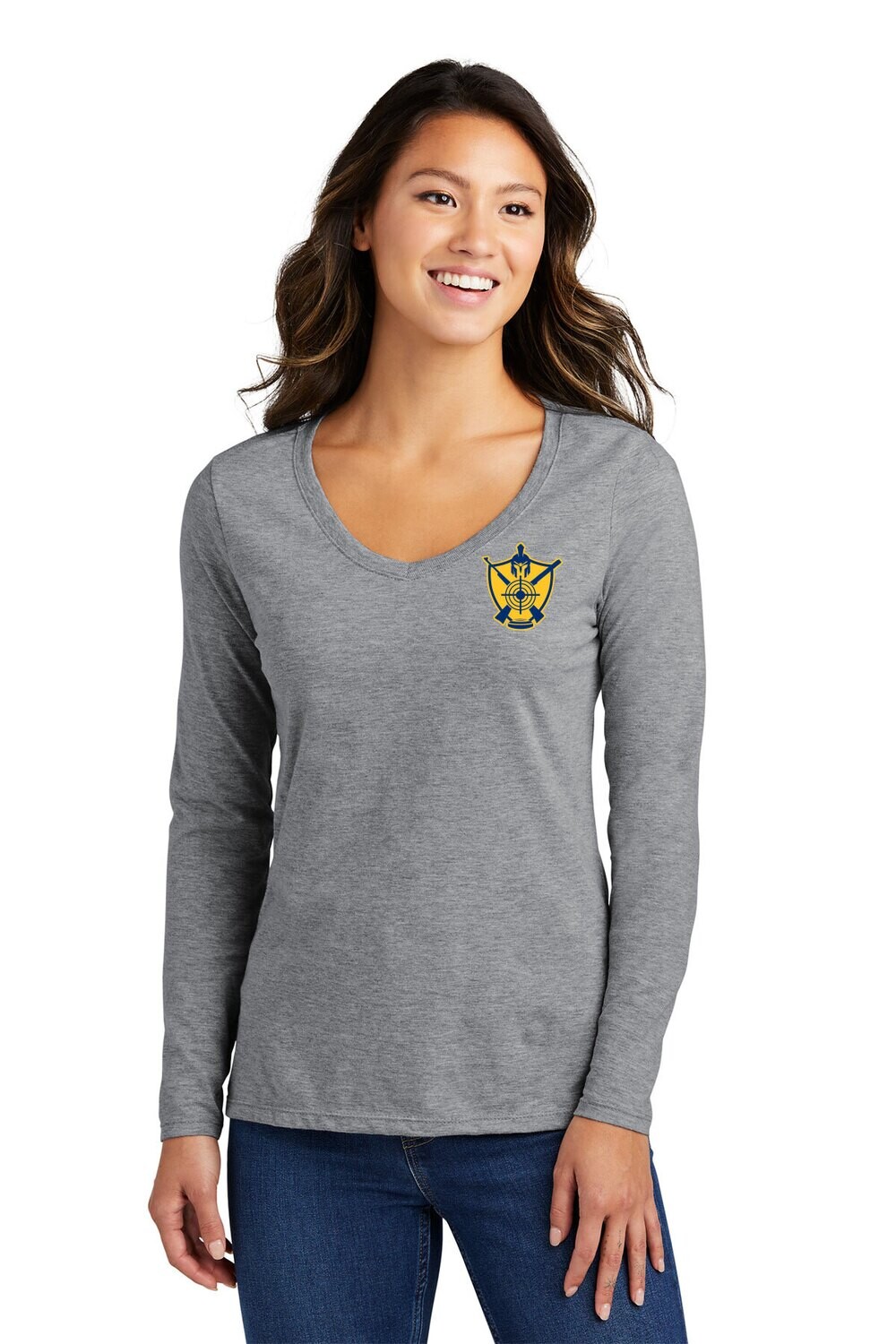 Women's Long Sleeve V-Neck Cotton Tee-Heather Grey/Navy