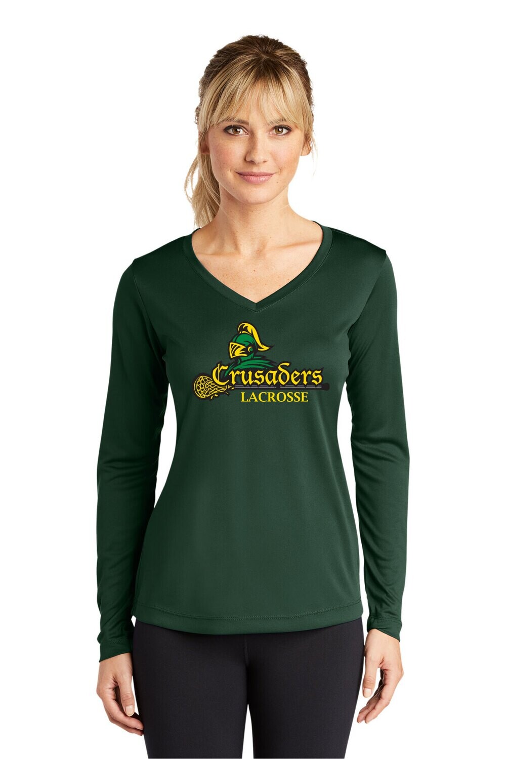 Ladies Long Sleeve Performance Tee Tee-Dk Green/White/Black