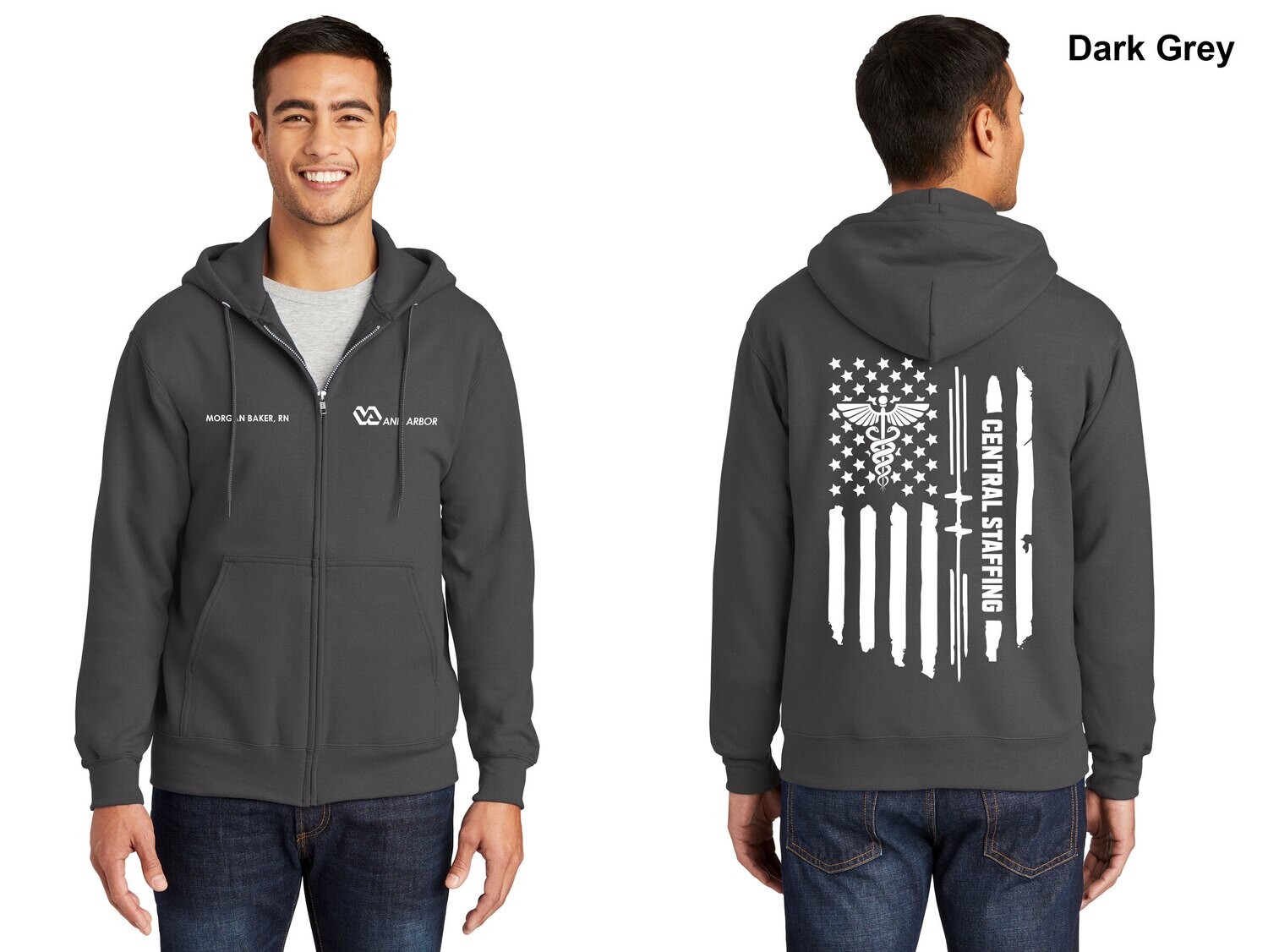 Unisex Fleece Full-Zip Hooded Sweatshirt - Dk Grey/Lt Grey/Black/Navy/Royal