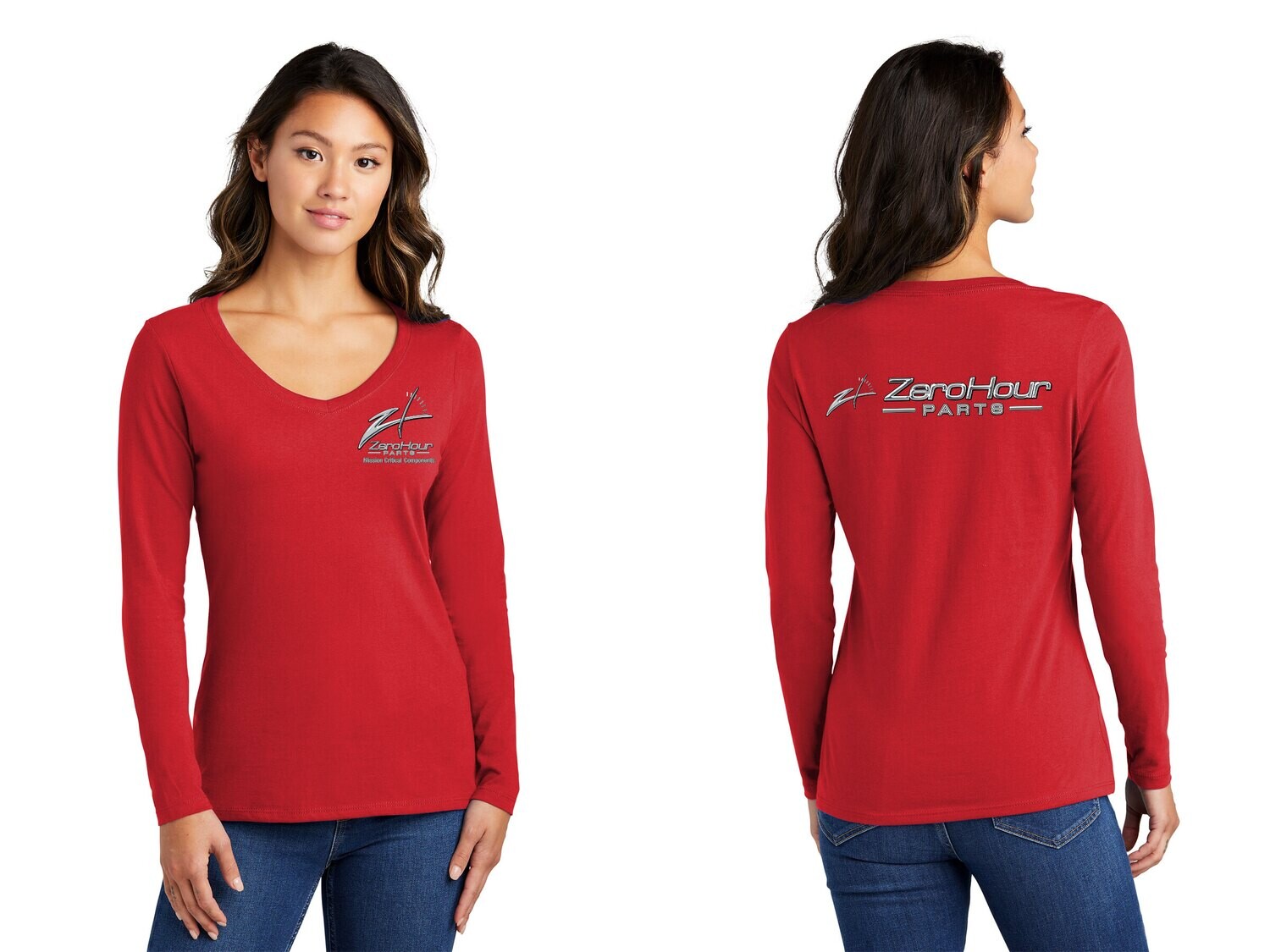 Ladies Long Sleeve V-Neck Cotton Tee - Red/Black/White/Athletic Heather