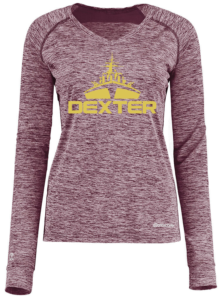 Women's Heathered Long Sleeve Performance Shirt ( V neck)- Black/ Maroon