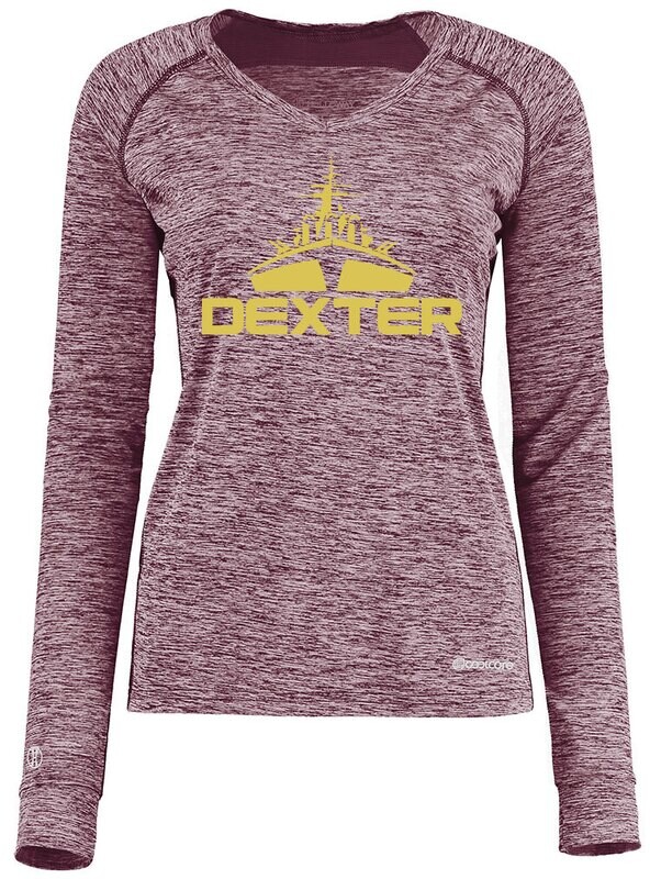 Women's Heathered Long Sleeve Performance Shirt ( V neck)- Black/ Maroon