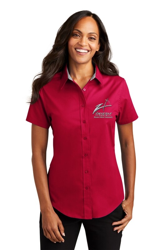 Ladies Short Sleeve Easy Care Button Up - Red/Black/White