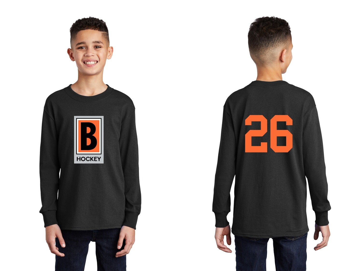 Youth Long Sleeve Core Cotton Tee-Black/ Charcoal/ Orange Youth Long Sleeve Core Cotton Tee-Black/ Charcoal/ Orange