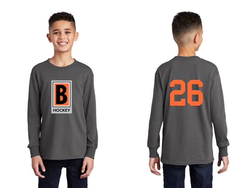 Youth Long Sleeve Core Cotton Tee-Black/ Charcoal/ Orange