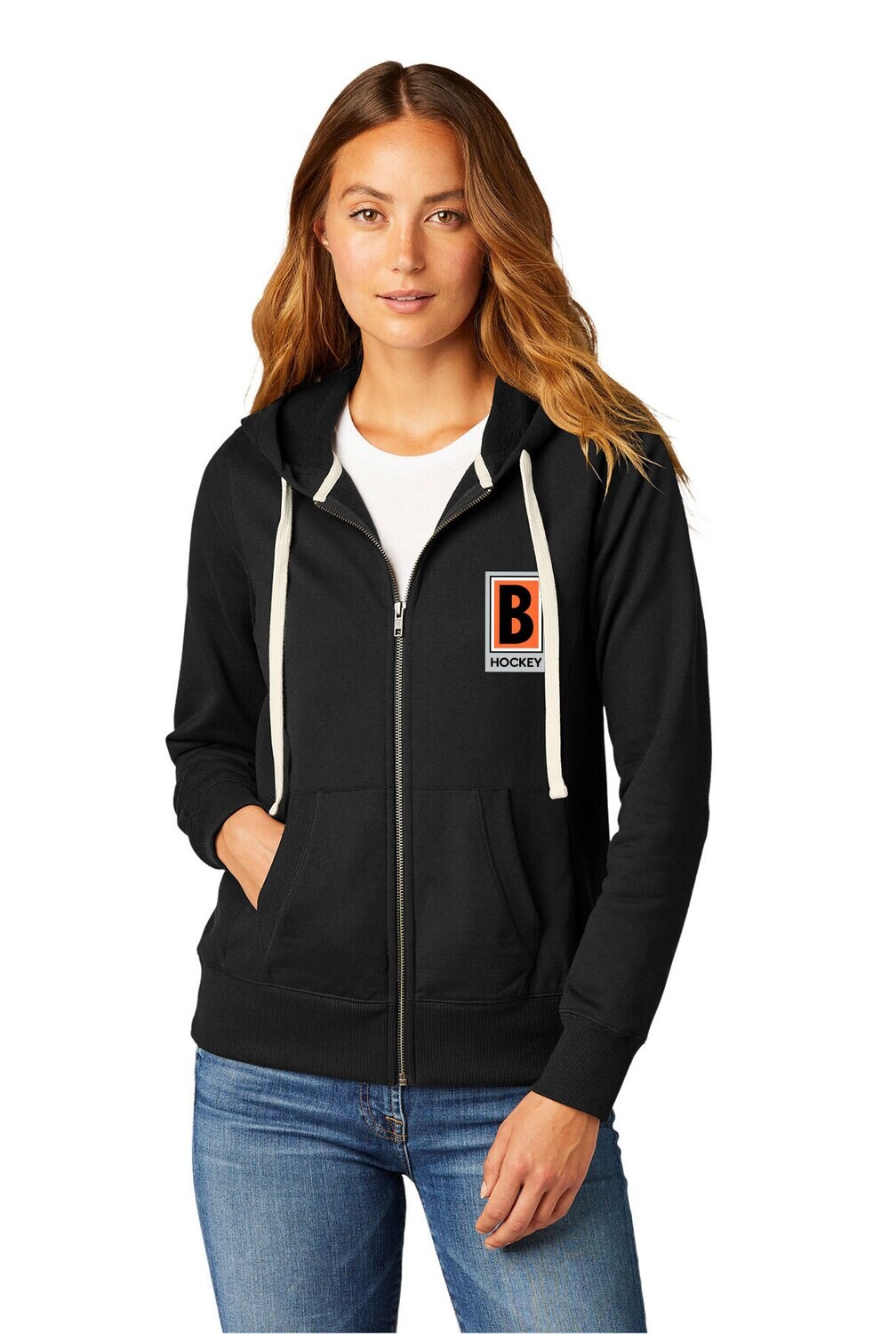 District Women's Re-Fleece Full-Zip Hoodie-Black/ Charcoal Heather/ Light Heather Grey