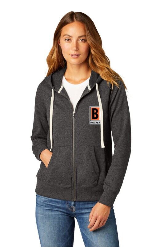 District Women's Re-Fleece Full-Zip Hoodie-Black/ Charcoal Heather/ Light Heather Grey