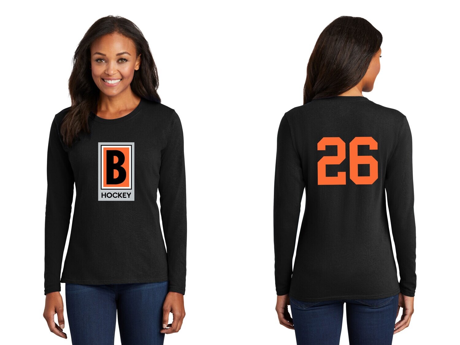 Ladies Long Sleeve Core Cotton Tee - Black/ Athletic Heather/ Charcoal