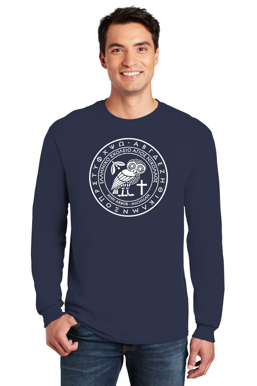 Adult Unisex Cotton Long Sleeve Tee : Navy/ White