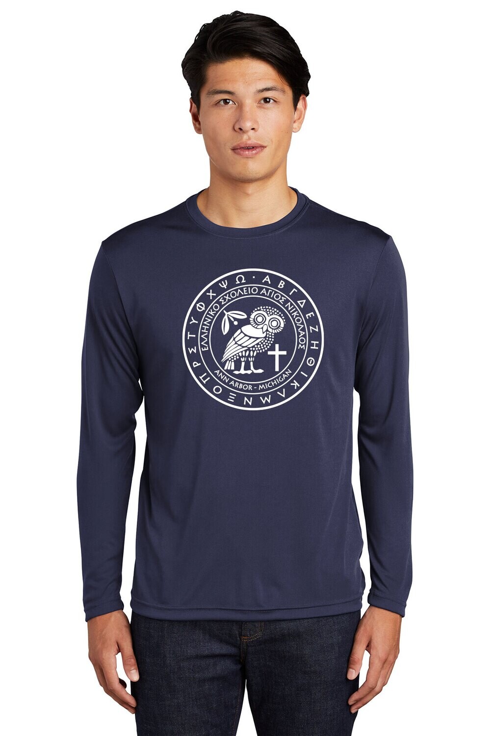 Adult Unisex Performance Long Sleeve Tee: Navy/ White