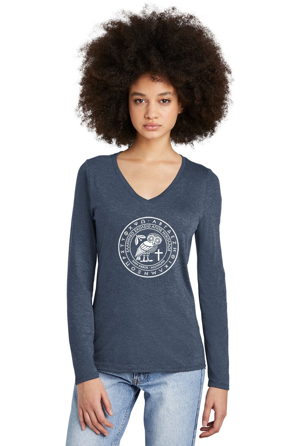 Womens Perfect Tri Long Sleeve V neck- Navy Frost/ White