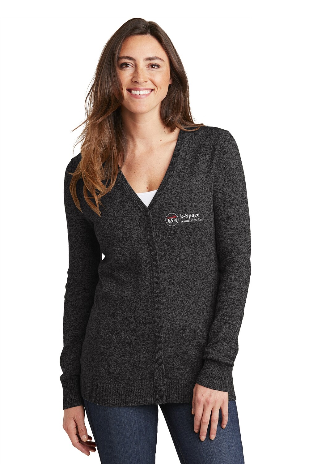 Ladies Marled Cardigan Sweater- Black, Grey