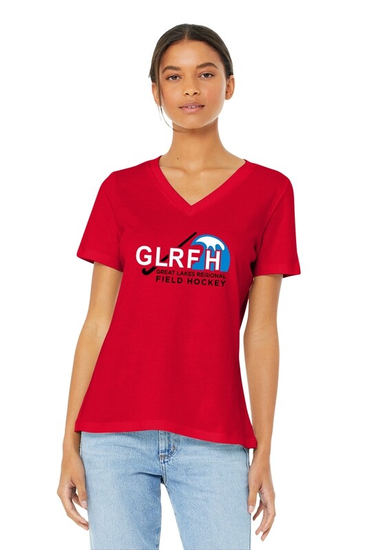 BELLA+CANVAS Women’s Relaxed Jersey Short Sleeve V-Neck Tee- Red/ Black/ White