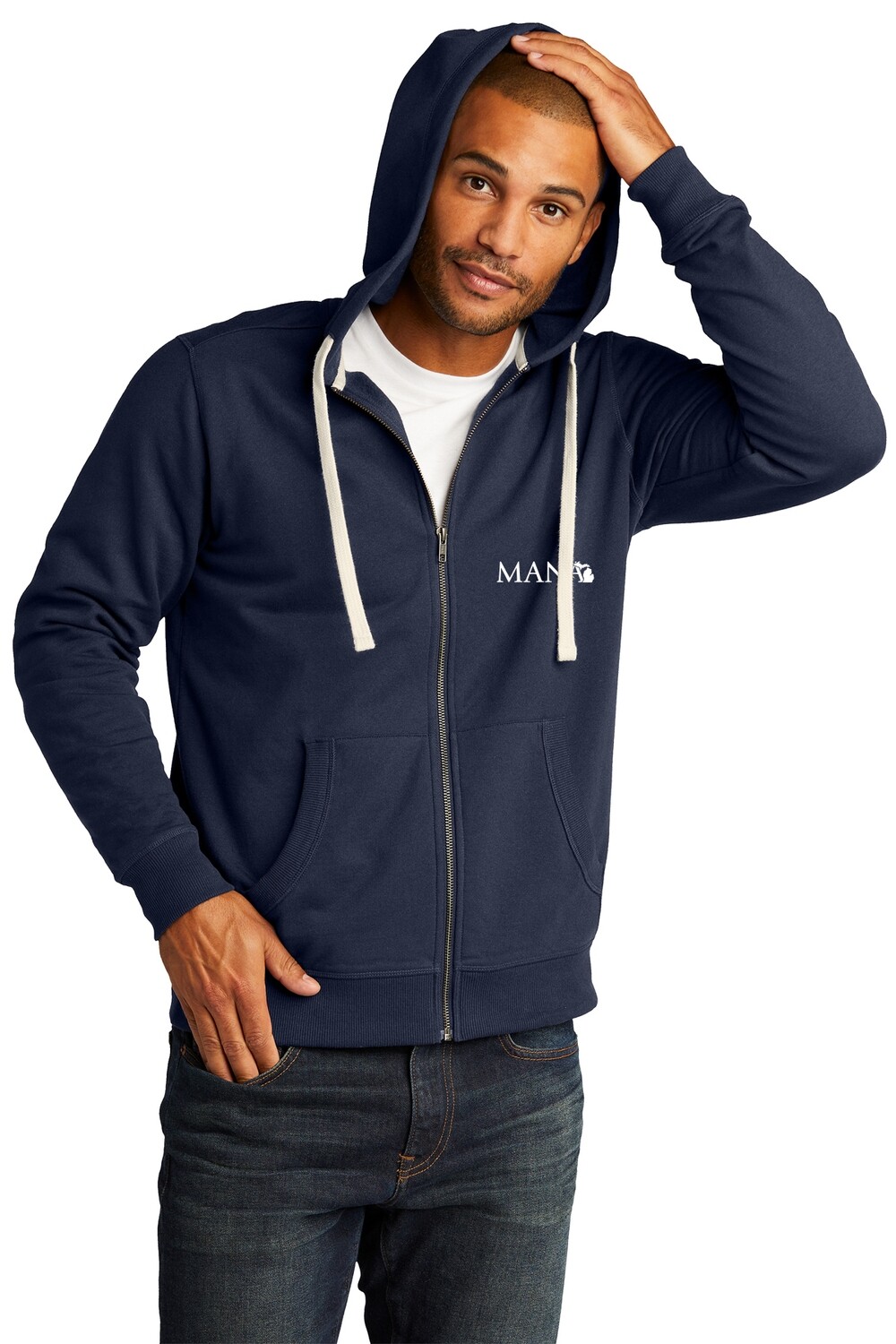 Unisex Full Zip ReFleece Hoodie - Navy/Charcoal Heather Grey/Light Heather Grey