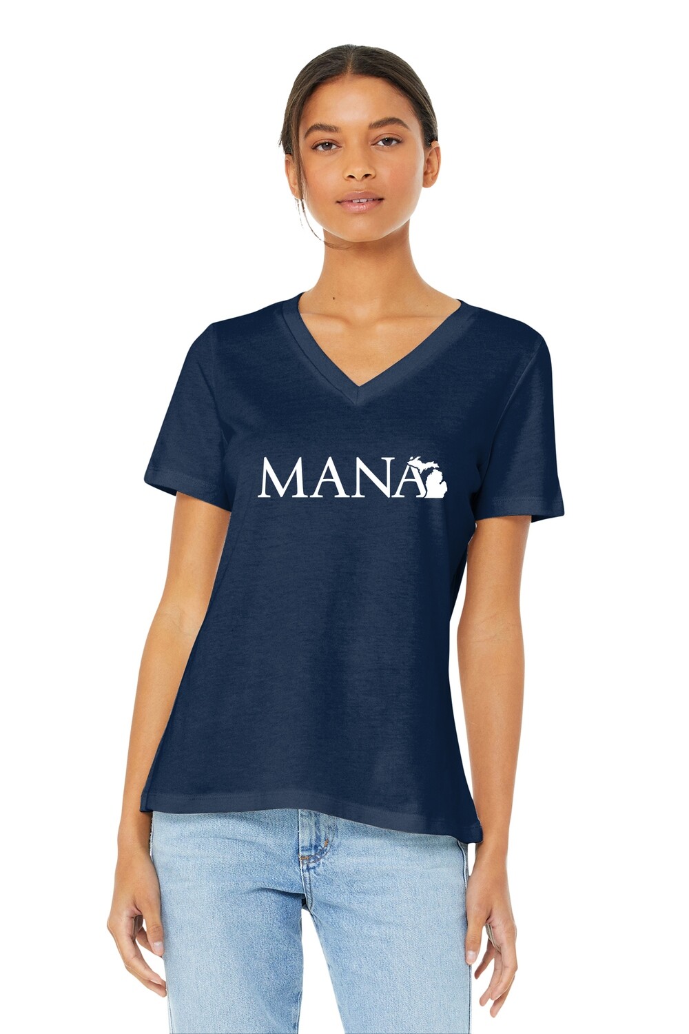 BELLA+CANVAS Women’s Relaxed Jersey Short Sleeve V-Neck Tee- Navy/ White