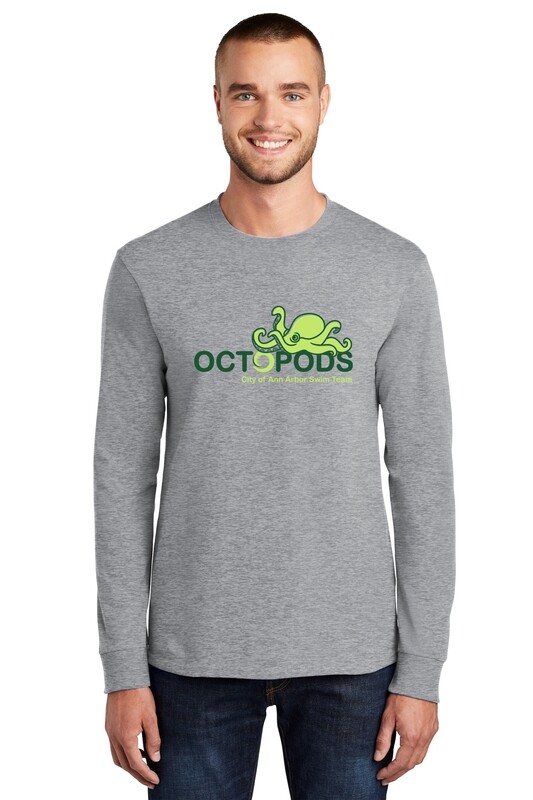 Adult Essential Soft Cotton Long Sleeve Tee - Heather Grey/ Dark Green/White
