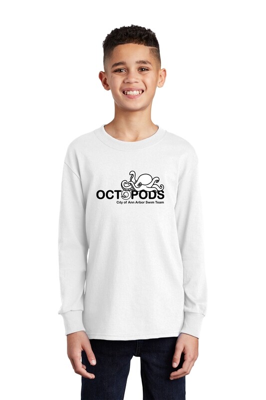 Youth Long Sleeve Cotton T-Shirt -White/ Grey Heather/ Dark Green