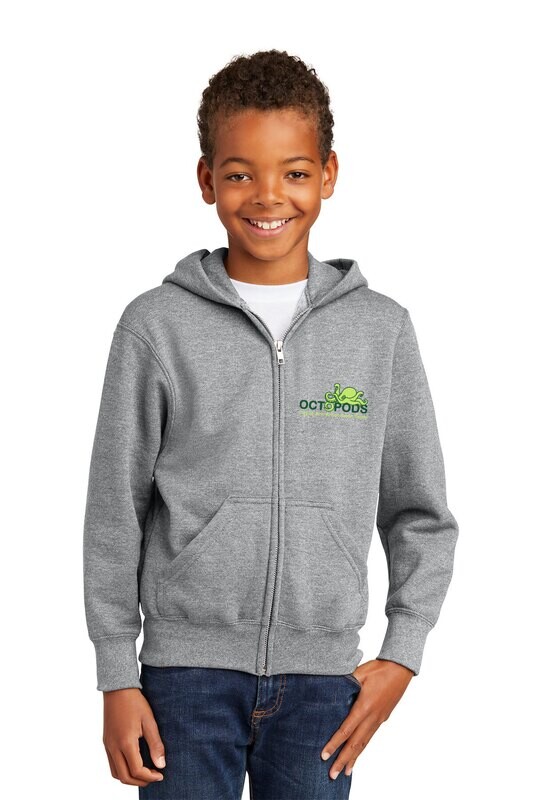 Youth Fleece Full-Zip Hooded Sweatshirt- Heather Grey / Dark Green