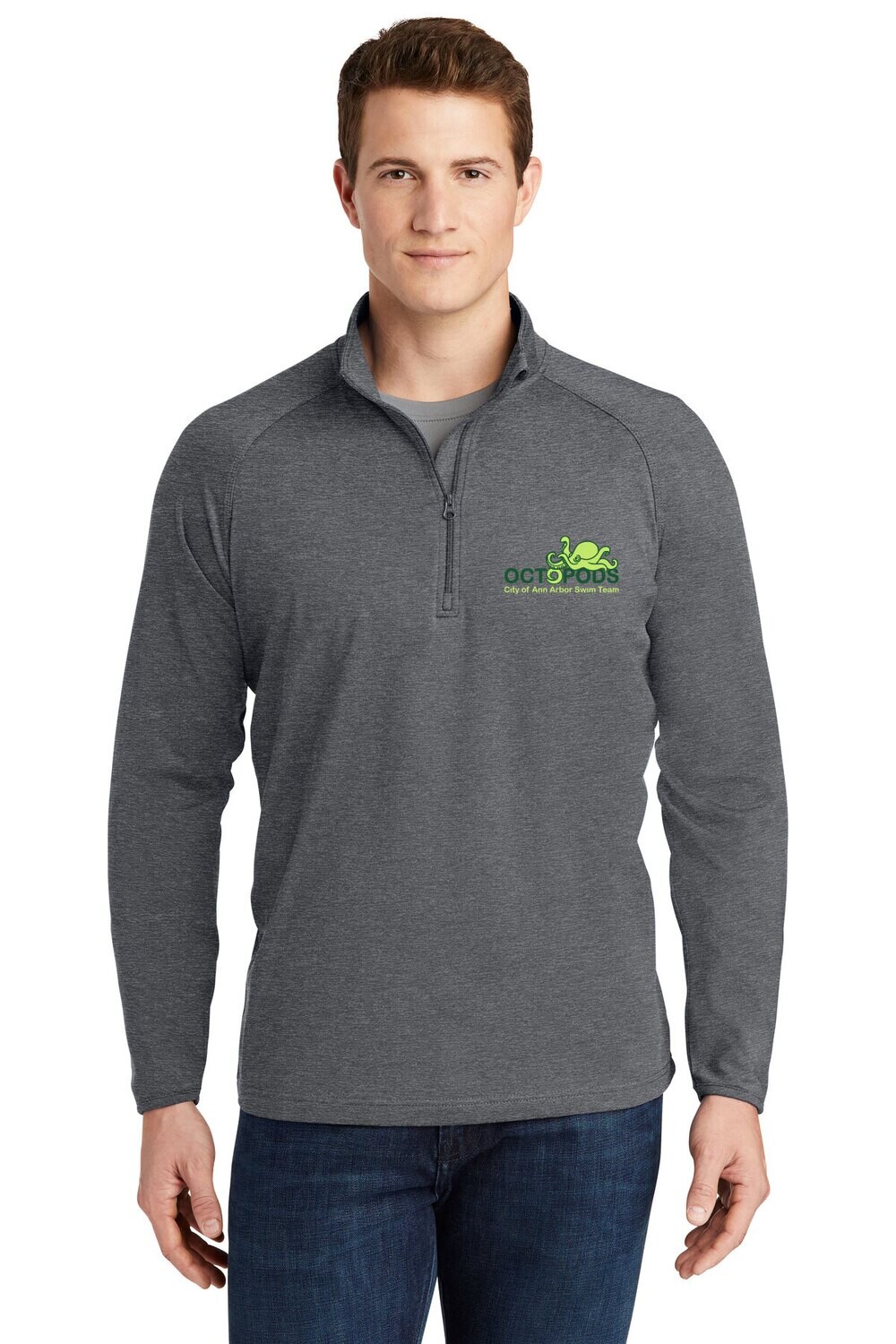 1/4 Zip Stretch Pullover: Charcoal Grey Heather/ White/ Forest