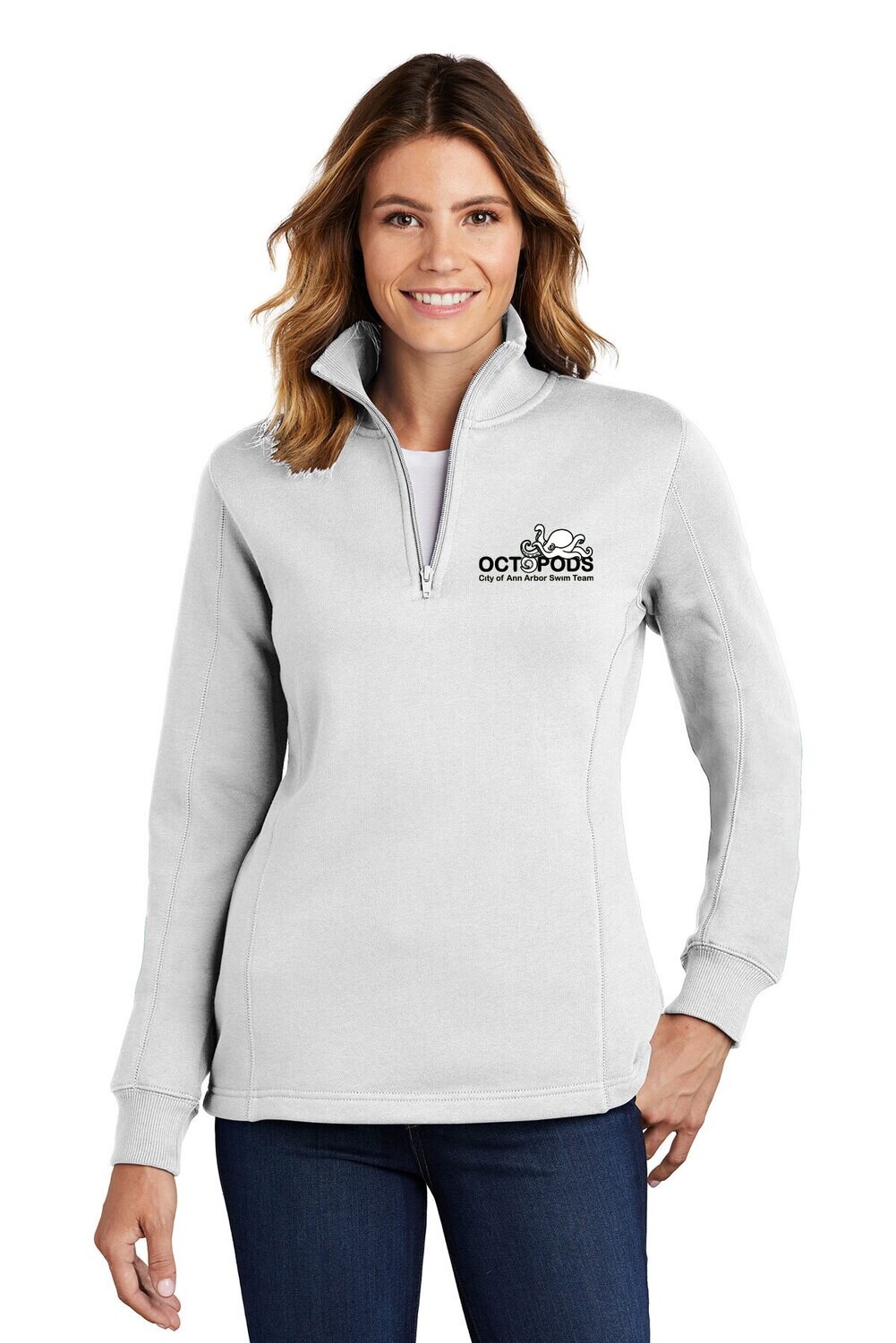 Ladies 1/4 Zip Sweatshirt- White/ Athletic Heather