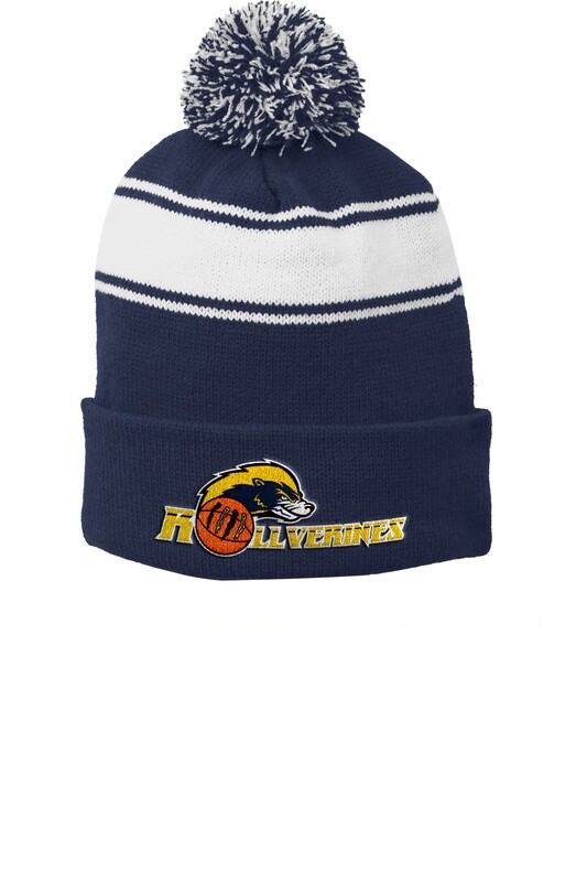Stripe Pom Beanie- Navy/ Grey