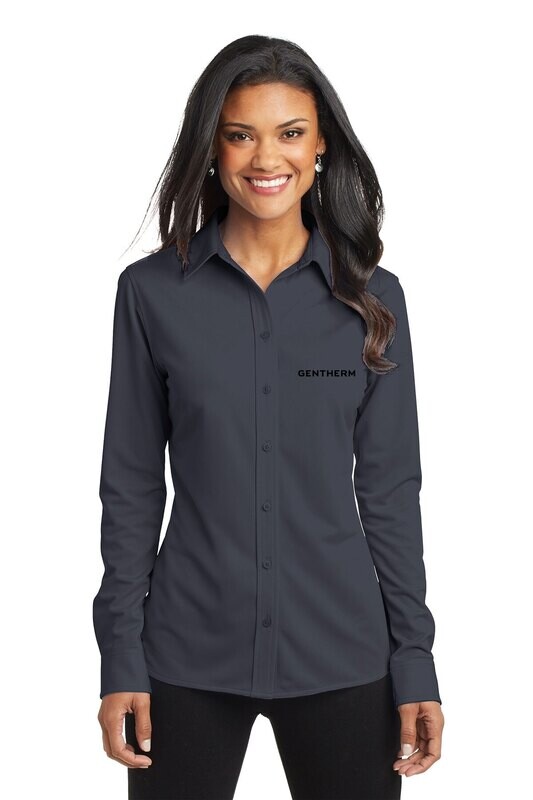 Ladies Dimension Knit Dress Shirt: Battleship Grey/ Black/ White