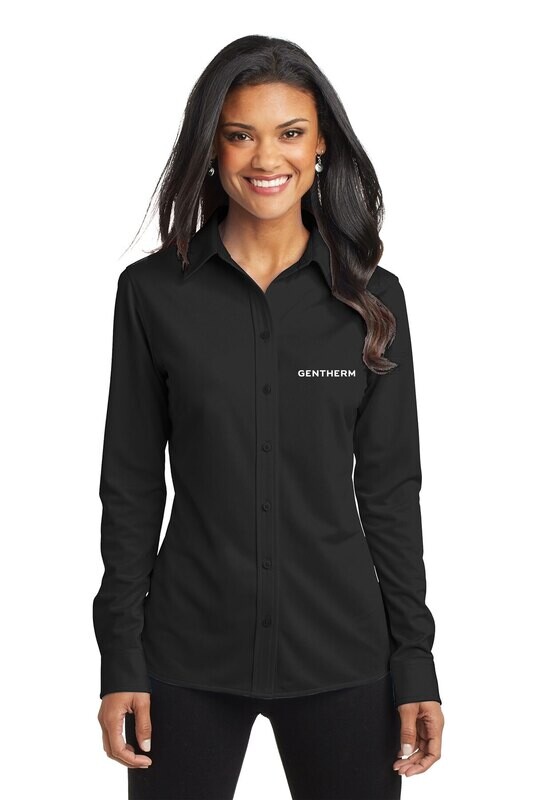 Ladies Dimension Knit Dress Shirt: Battleship Grey/ Black/ White