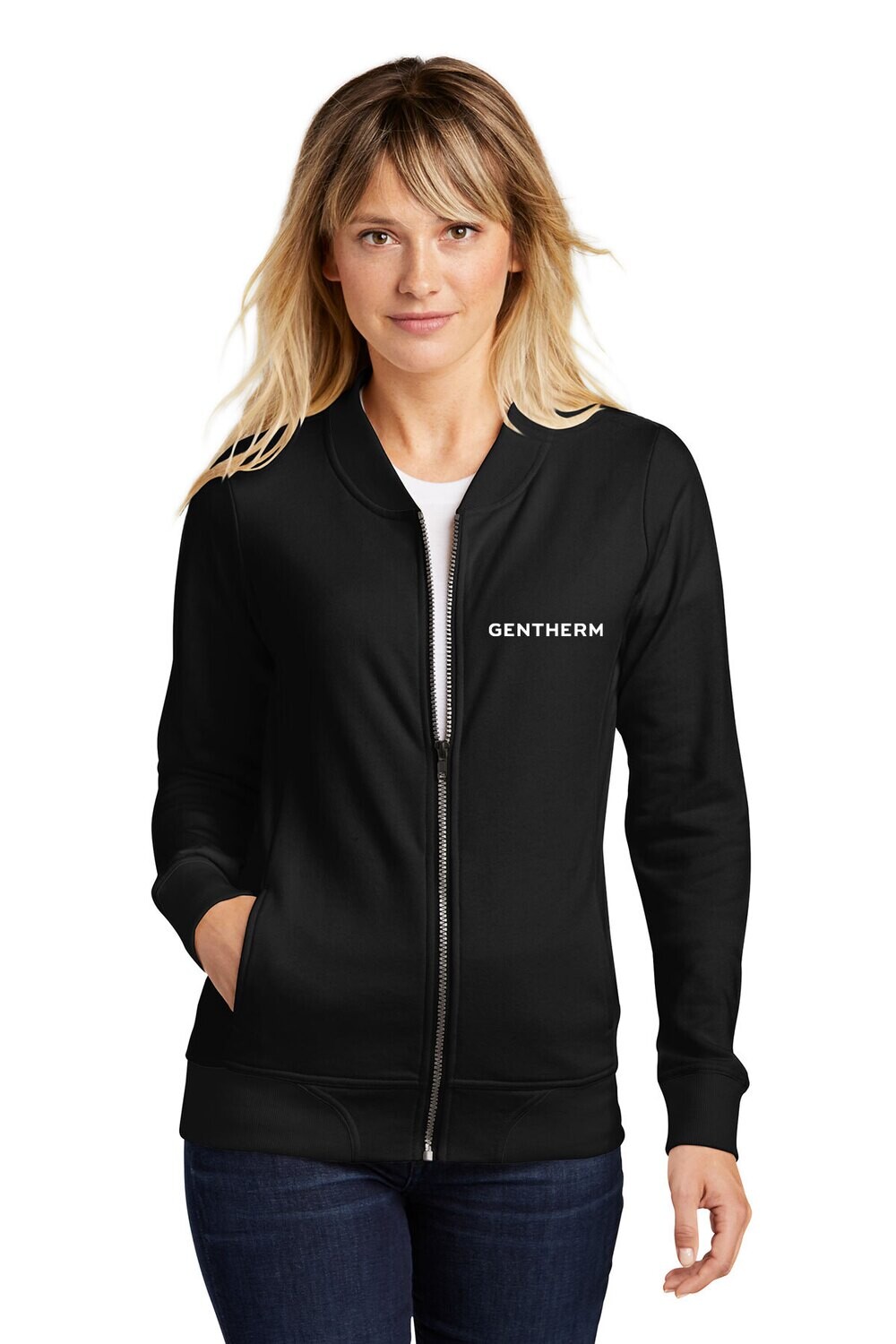 Ladies Lightweight French Terry Bomber- Black/ Heather Black/ Ecru