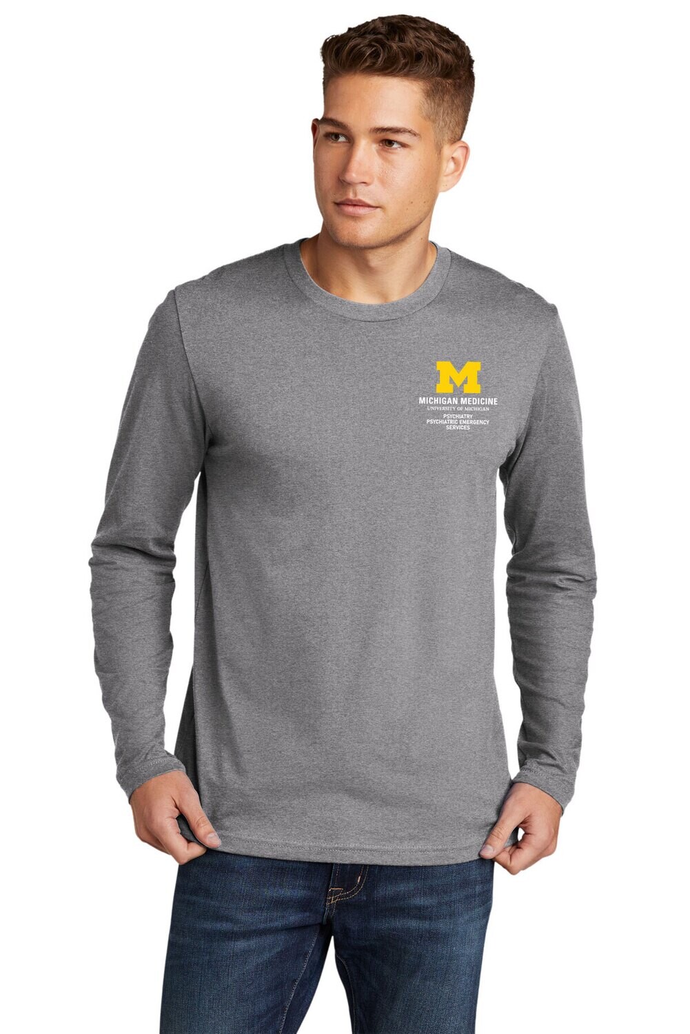 Unisex Premium Cotton Long Sleeve Tee - Heather Grey/Navy