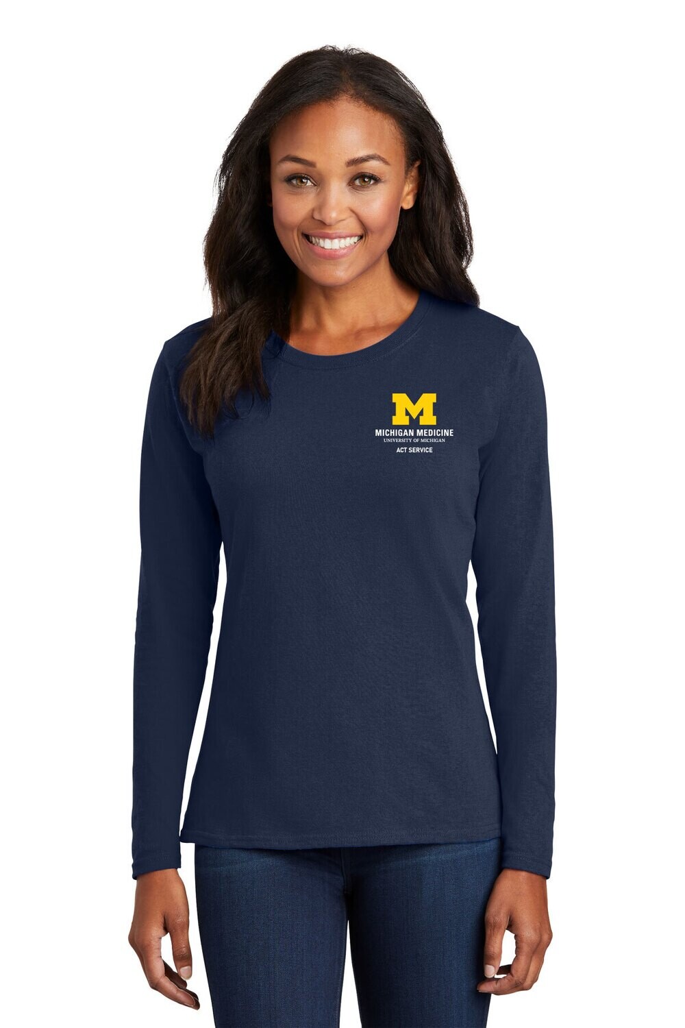 Ladies Long Sleeve Cotton Tee - Navy/ Athletic Heather Grey