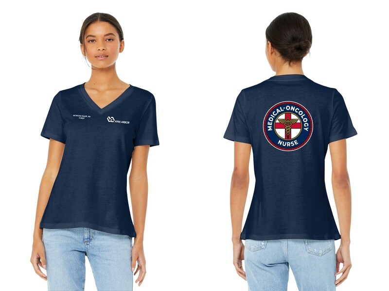 BELLA+CANVAS Women’s Relaxed Jersey Short Sleeve V-Neck Tee (Circle logo)- Navy/ Red/ White