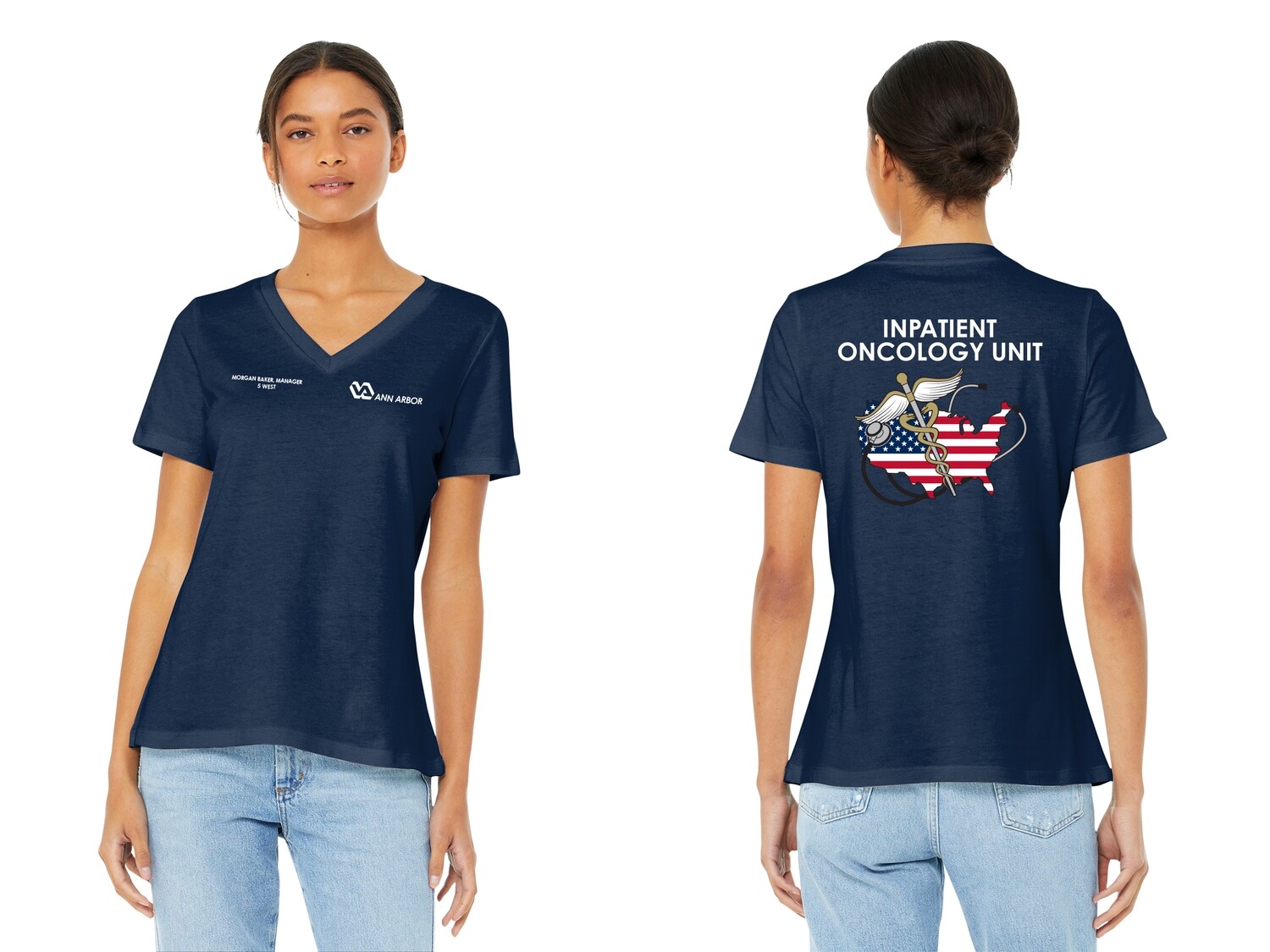 BELLA+CANVAS Women’s Relaxed Jersey Short Sleeve V-Neck Tee (Mapflag logo)- Navy/ Red/ White