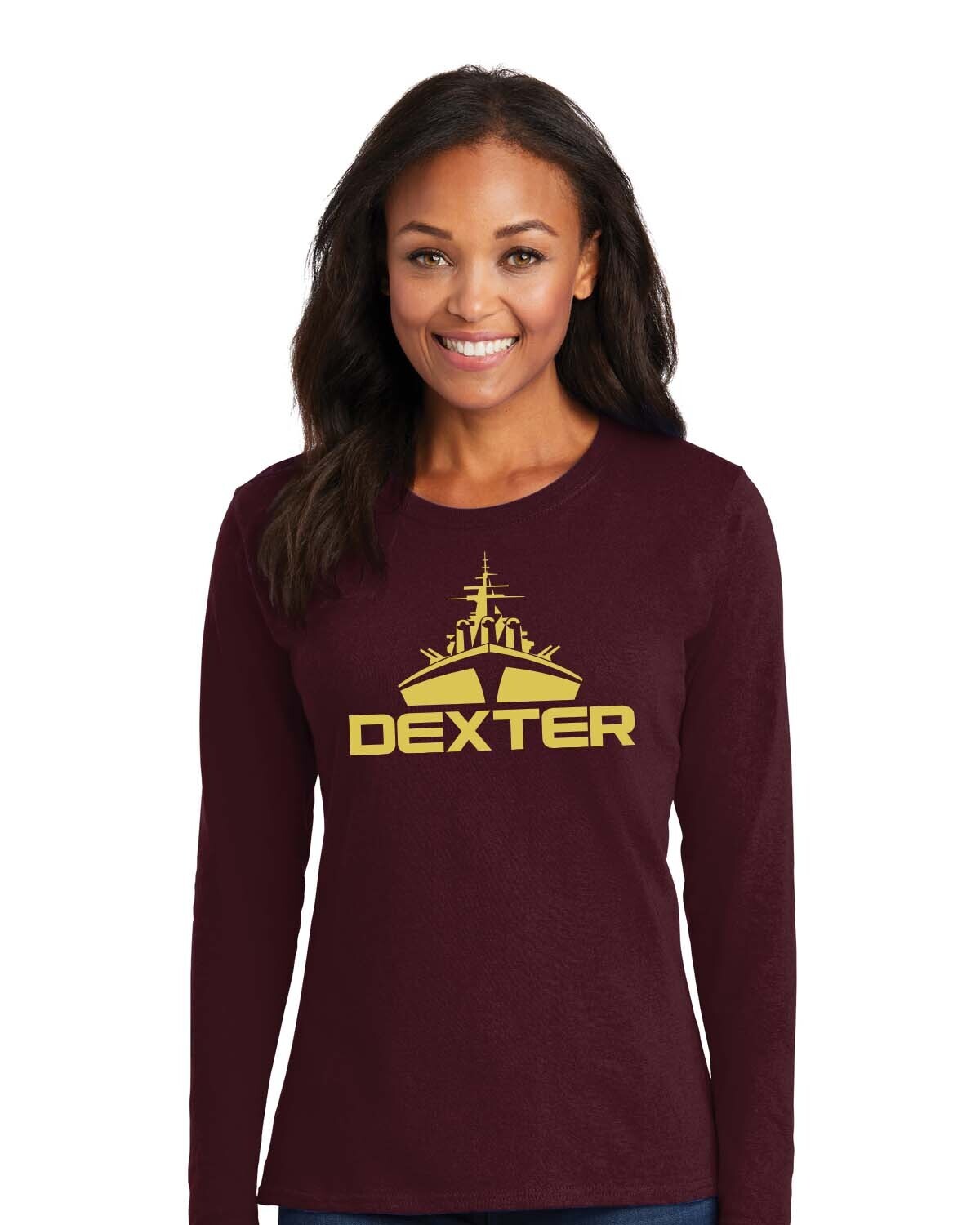 Ladies Long Sleeve Cotton Tee-Maroon/Black