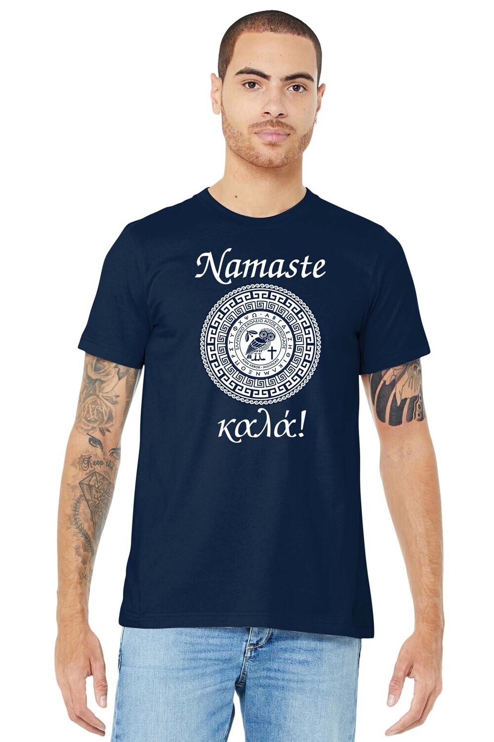 Adult Bella & Canvas Short Sleeve Tee- Navy with Namaste Print