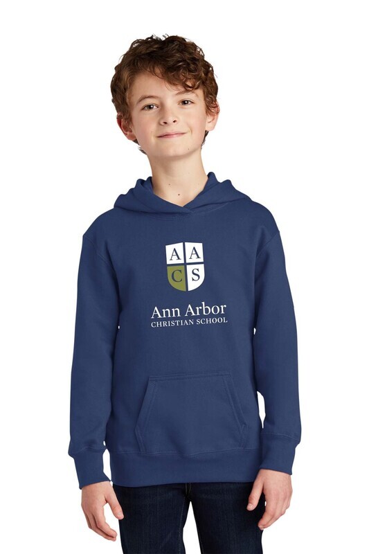 Youth Fan Favorite Fleece Pullover Hooded Sweatshirt- Ath Heather/Navy/ Royal