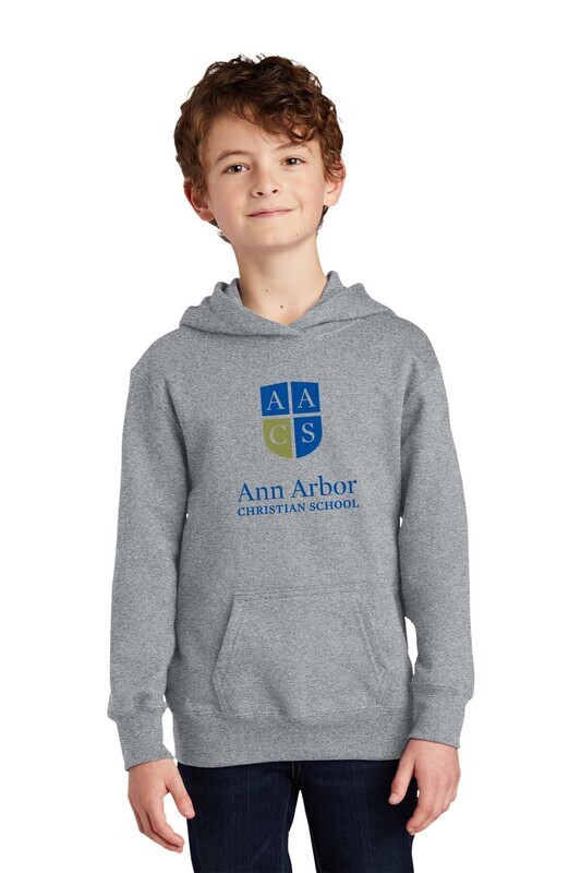 Youth Fan Favorite Fleece Pullover Hooded Sweatshirt- Ath Heather/Navy/ Royal