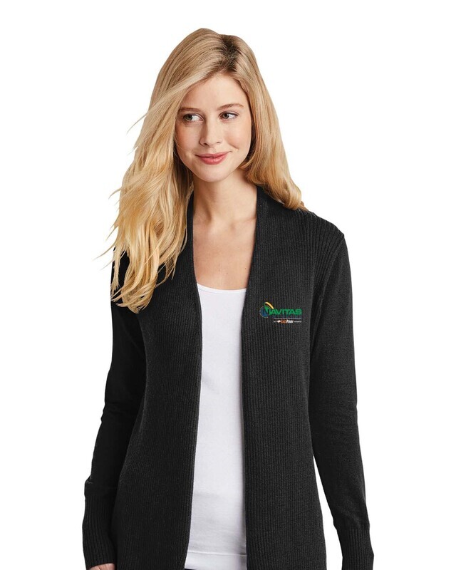 Ladies Open Front Cardigan Sweater - Black/Heather Grey - Embroidered
