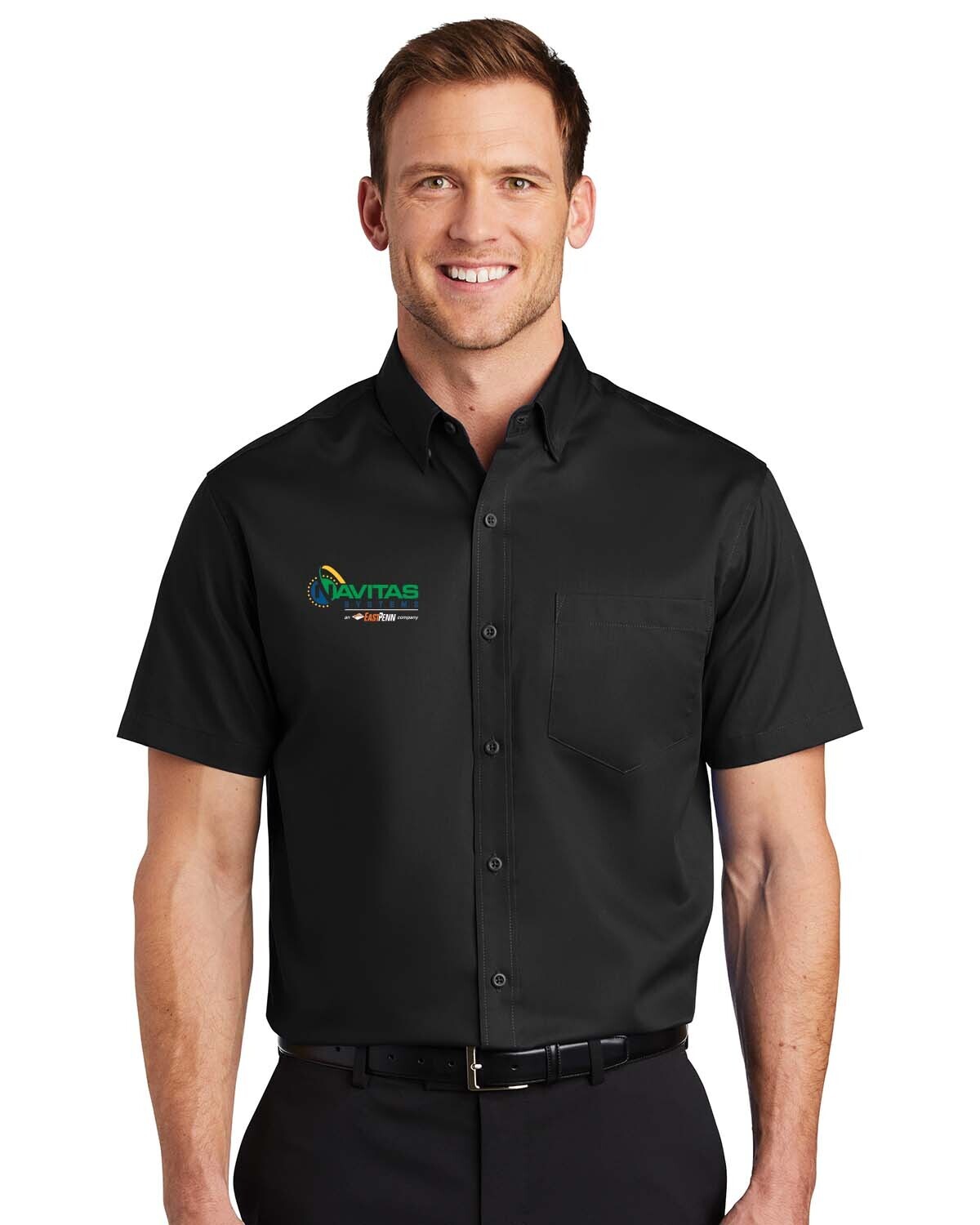 Superpro Twill Short Sleeve Shirt- Back/ Dark Grey/ White - Embroidered