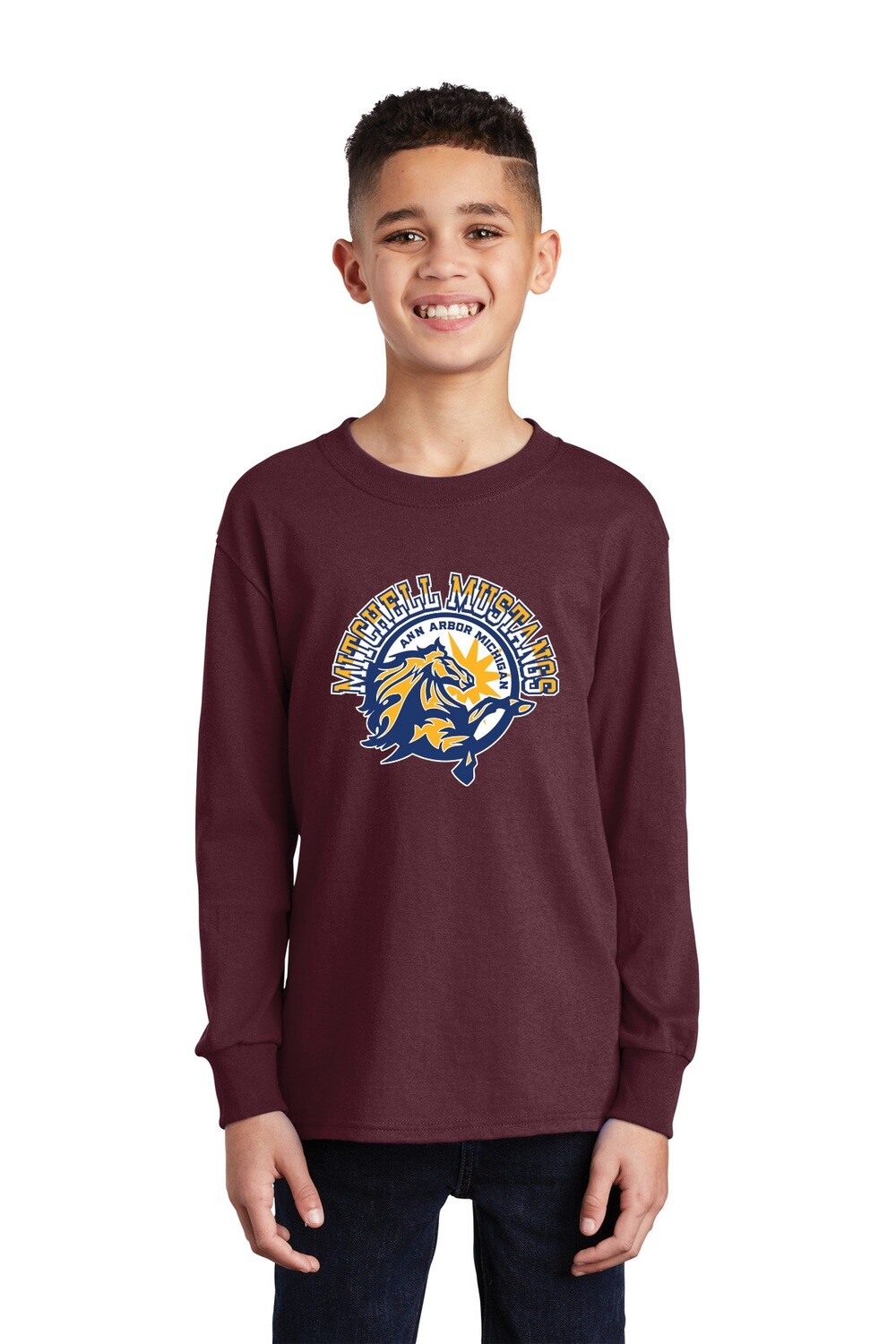 Youth Unisex Cotton Long Sleeve Tee: Royal, Sport Grey, Kelly Green, Maroon, Sangria, Purple