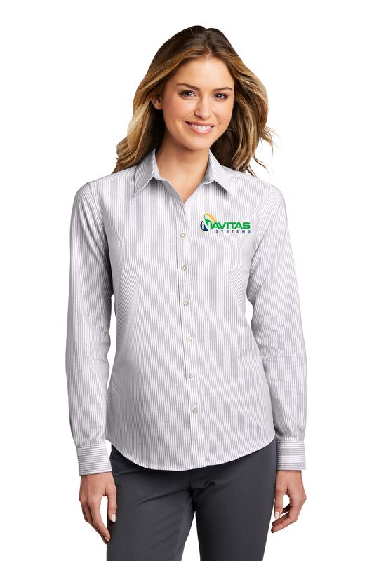 Port Authority Ladies SuperPro Oxford Stripe Shirt- Grey - Embroidered